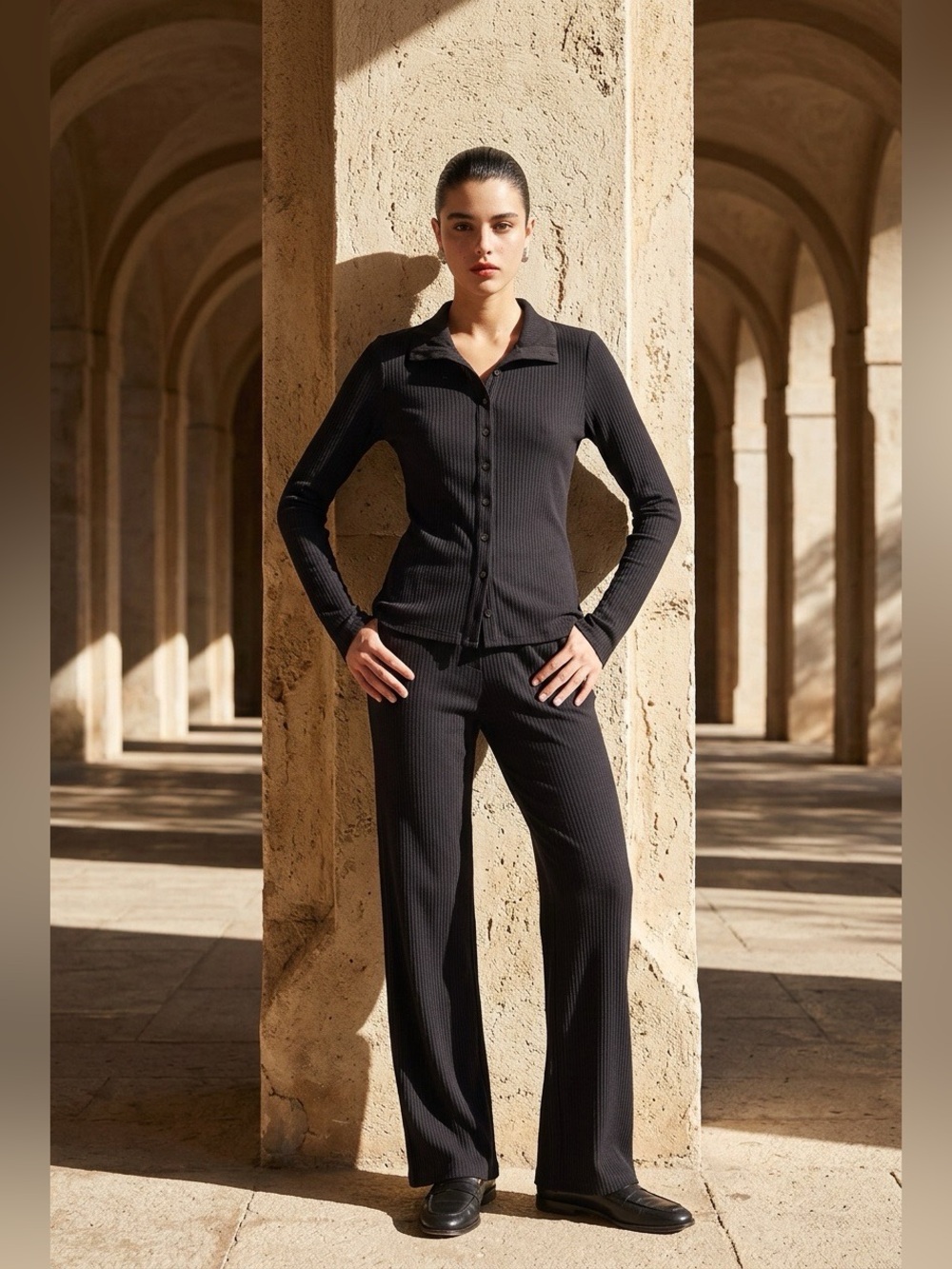 Z Supply Black Ribbed Button-Front Long Sleeve Top